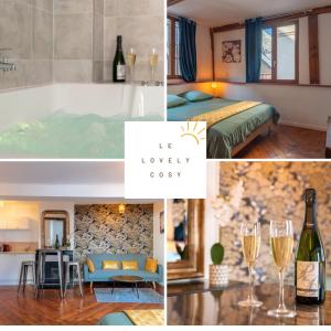 - un collage de photos d'une chambre d'hôtel avec un lit et des bouteilles de vin dans l'établissement Le Lovely cosy jacuzzi centre-ville wifi, à Rouen