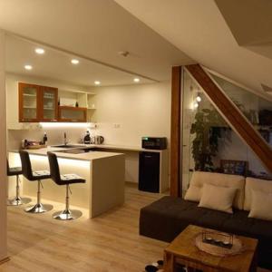 a living room with a couch and a kitchen at Apartmány & Wellness Revenite in Jeseník