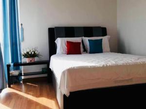 1 dormitorio con 1 cama grande con almohadas rojas y azules en Hot Picks SmartTV Netflix Seaview Homestay Sekinchan, en Sekinchan