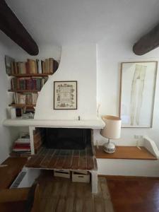 un salon avec une cheminée et une étagère à livres dans l'établissement Le Brocco, à Le Broc
