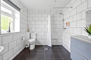 a white bathroom with a toilet and a sink at Lytton Tree Lodge Reydon in Reydon