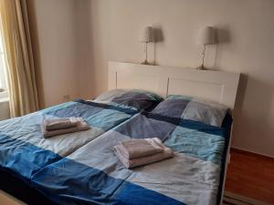 a bed with two pillows on top of it at Ehemalige Bibliothek Apartment für 2 mit Küche Kamin Netflix Parken und Hofladen in Steinhöfel