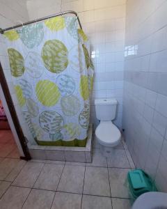 a bathroom with a shower curtain with a toilet at Hostal Venecia in Arica