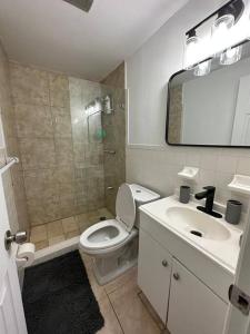 a bathroom with a toilet and a sink and a mirror at Stylish Studio Brickell/Little Havana@ItalianPlaza in Miami