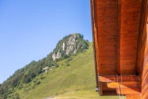a view of a mountain from a wooden house at Chalet Collini in Riederalp