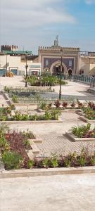 um pátio com flores e um edifício ao fundo em Center Medina em Fez