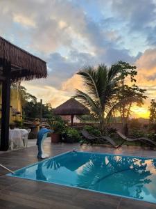 uma piscina num resort com uma palmeira em Pousada Mirante Pôr do Sol em Maricá