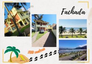 uma colagem de fotos da praia e palmeiras em Hostel Recanto Peruíbe em Peruíbe