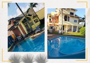 duas fotos de uma casa e uma piscina em Hostel Recanto Peruíbe em Peruíbe