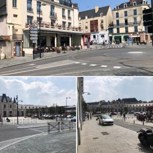 twee foto's van een stadsstraat met auto's op de weg bij LE GARENGEOT 2 -WIFi-CENTRE VILLE in Vitré