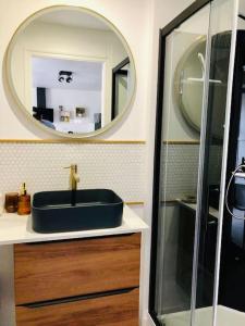 a bathroom with a blue sink and a mirror at LE GARENGEOT 2 -WIFi-CENTRE VILLE in Vitré