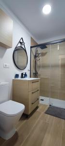 bagno con servizi igienici, lavandino e specchio di Calesapart2 Brisa Marina a Candelaria
