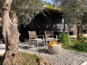 two chairs and a table in front of a cabin at Cabaña La Pura Vida Yunquera in Yunquera