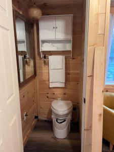 a small bathroom with a toilet in a tiny house at EcoCottage Private Hot Tub in Union