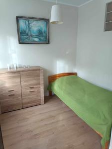 apartament beniowskiego في غدانسك: غرفة نوم بسرير اخضر وخزانة خشبية