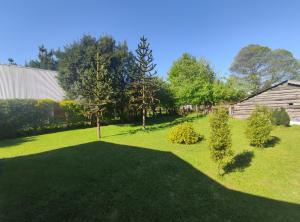 a yard with green grass and trees and a barn at Cabana El Sauce in San Patricio