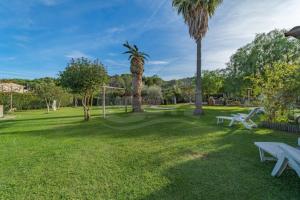 a park with two picnic tables and a palm tree at Albero del Pepe 2 - Goelba in Marina di Campo
