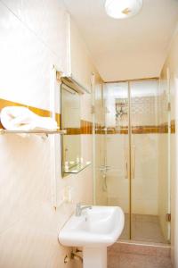 uma casa de banho com um lavatório e um chuveiro em Gullivers Travel Hotel em Apenkwa