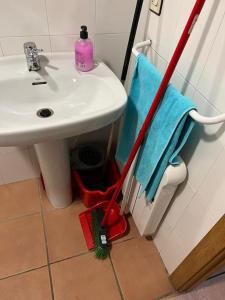a bathroom with a sink and a mop and towel at Sierra Nevada Estudio Luminoso Urb Los Valles in Monachil