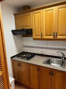 a kitchen with wooden cabinets and a sink at Sierra Nevada Estudio Luminoso Urb Los Valles in Monachil