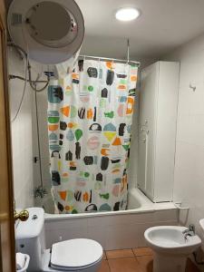 a bathroom with a toilet and a shower curtain at Sierra Nevada Estudio Luminoso Urb Los Valles in Monachil