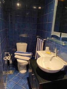a blue tiled bathroom with a toilet and a sink at Porto marina for rent in El Alamein