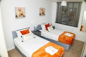 two beds in a room with white walls at Dynasty Lodge Manchester - Alison Kelly close in Manchester