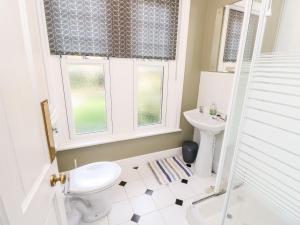 a bathroom with a toilet and a sink and a window at 5 The Nab House in Bembridge +31 photos