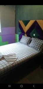 een slaapkamer met een bed met een kleurrijke muur bij Superbe appartement in Douala