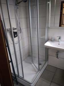 a bathroom with a shower and a sink at Nurdachhaus PIRATENWEG 131 in Butjadingen