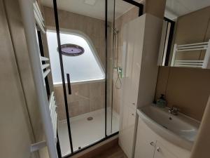 ein kleines Bad mit einer Dusche und einem Waschbecken in der Unterkunft Floating 33 - LEA SOPHIE in Marienfelde