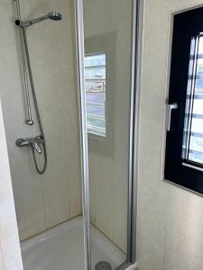 um chuveiro com uma porta de vidro na casa de banho em Hausboot Floating 44 in Laboe - Boot 2 em Laboe