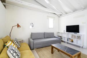 un soggiorno con divano e TV di apartamento el barrio de lavapies a Madrid