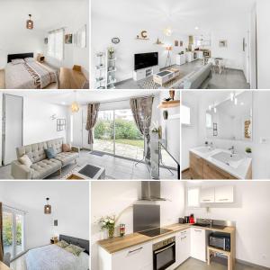 a collage of photos of a kitchen and a living room at L'Eclat de la Gironde in La Hourcade