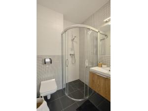 ein Badezimmer mit Dusche, Toilette und Waschbecken in der Unterkunft Apartamenty Płomnica in Karpacz + 19 Fotos