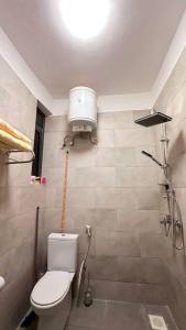 a bathroom with a toilet and a shower at Cozy apartment in heart of Kampala in Kira