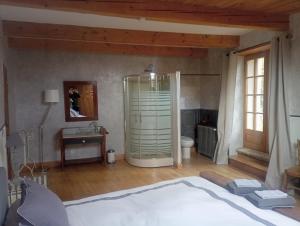a bedroom with a shower and a bed in a room at Villanath in Bellegarde-sur-Valserine
