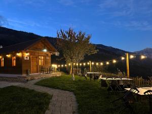 a log cabin with lights on it at night at Chestnut Hill in Kolgecaj