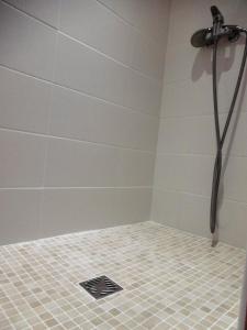 ein Bad mit einer Dusche und Fliesenboden in der Unterkunft La bardane in Brocas