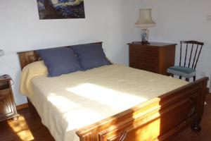a bedroom with a bed with blue pillows and a chair at Bourdiscat in Campagne