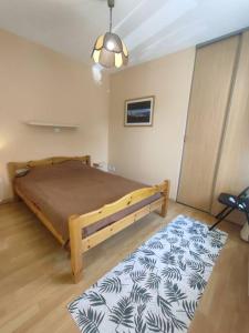 een slaapkamer met een bed en een tapijt op de vloer bij Gîte rural le Rouchassier in Saint-Laurent-du-Cros