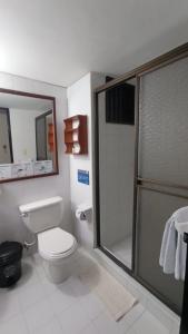 a bathroom with a toilet and a shower with a mirror at Hotel Silvia by Destino Pacifico in Silvia