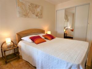 Préchacq的住宿－Maison dailhen，一间卧室配有一张带两个枕头的床