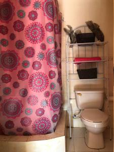 a bathroom with a pink shower curtain and a toilet at BnB SoMom Mobay Lodging in Montego Bay