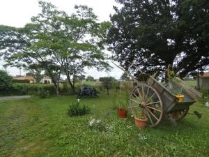 a garden with a wooden cart in the grass at Gite aux fleurs in Hagetmau