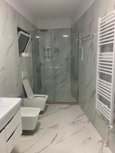 a white bathroom with a shower and a toilet at Lovely flat in the heart of Korca #1 in Korçë