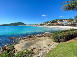 una playa con una palmera y el océano en Apto NOVO, com piscina, 250m da praia, en Bombinhas