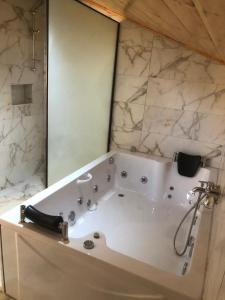 SAPANCA FAMİLY RESORT في كارتيبي: حوض استحمام أبيض في حمام بجدران من الرخام