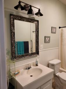 ein Badezimmer mit einem Waschbecken, einem Spiegel und einem WC in der Unterkunft Old Biloxi Rest, Relax and Enjoy the Beach in Biloxi
