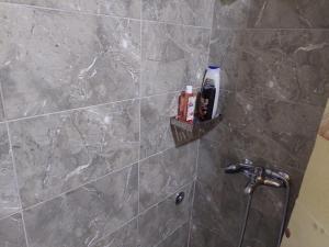a bathroom with a shower with a stone wall at DAN 9 in Sombor